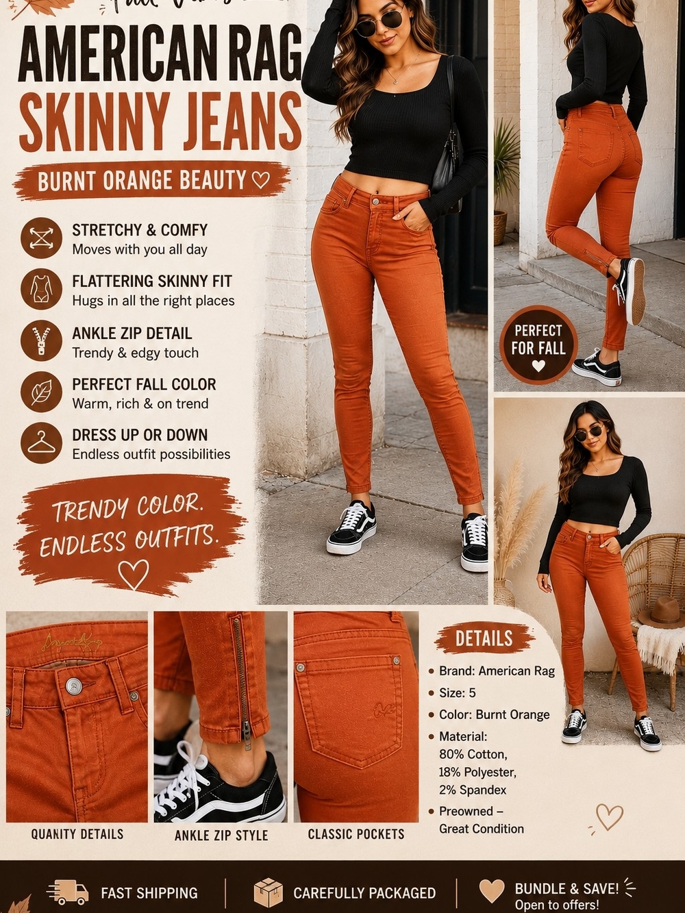🍂 American Rag Burnt Orange Skinny Jeans Size 5 | Fall Y2K Stretch Denim Ankle